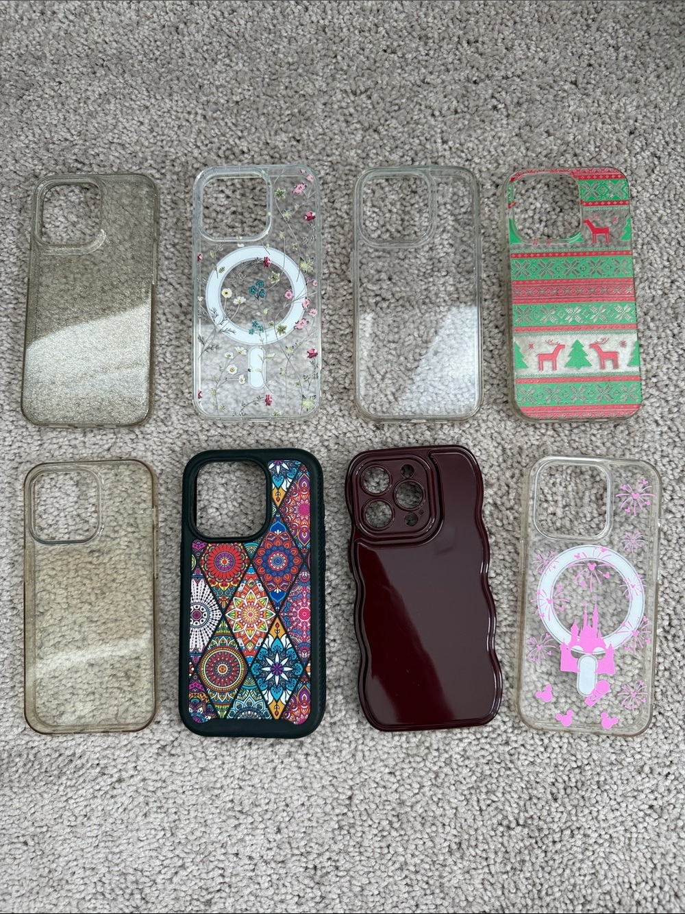 Lot of 8 iPhone 15 Pro Cases Bundle - Disney Castle, Christmas sweater, floral
